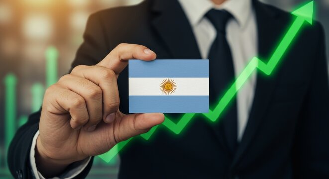 Argentina Economy Growth Represented By A Business Person Holding The Argentinian Flag - Powered by Adobe
