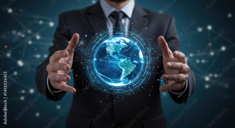 Poster man in suit holds glowing globe with network connections against a dark background.