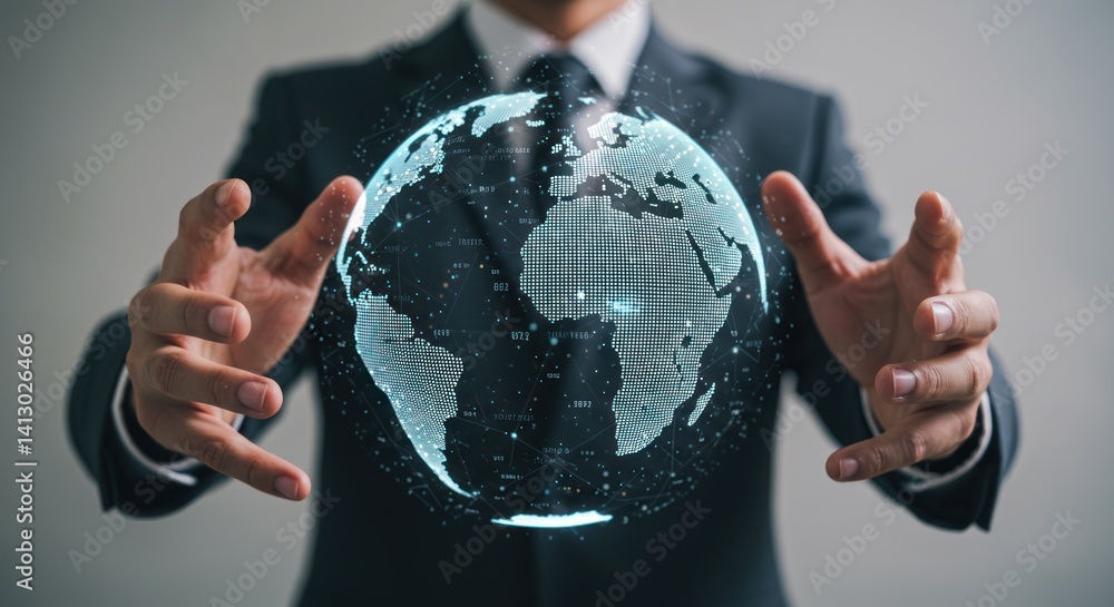 Poster man in suit holds a digital globe with continents visible in a futuristic style.