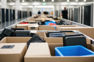 Warehouse conveyor belt system for sorting packages and boxes logistics and distribution center automation