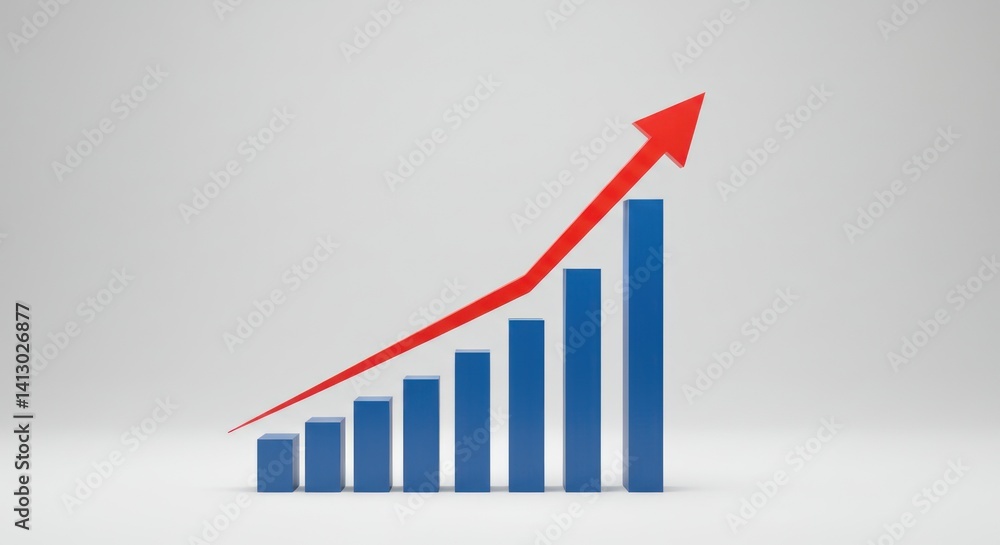 Poster blue bar graph with a red arrow pointing upward against a white background.