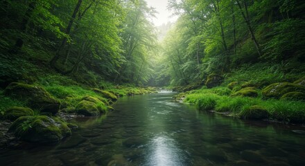 Fototapeta premium Serene Forest River Scene - Tranquil river flowing through a lush green forest, sunlight filtering through the canopy. Peaceful nature scene