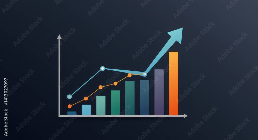 Aufkleber bar graph with upward trending lines and arrow against a dark background.