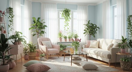 Serene Living Room Interior with Abundant Plants - A bright, airy living room filled with lush greenery, symbolizing peace, growth, renewal, nature, and tranquility. Soft light bathes the space