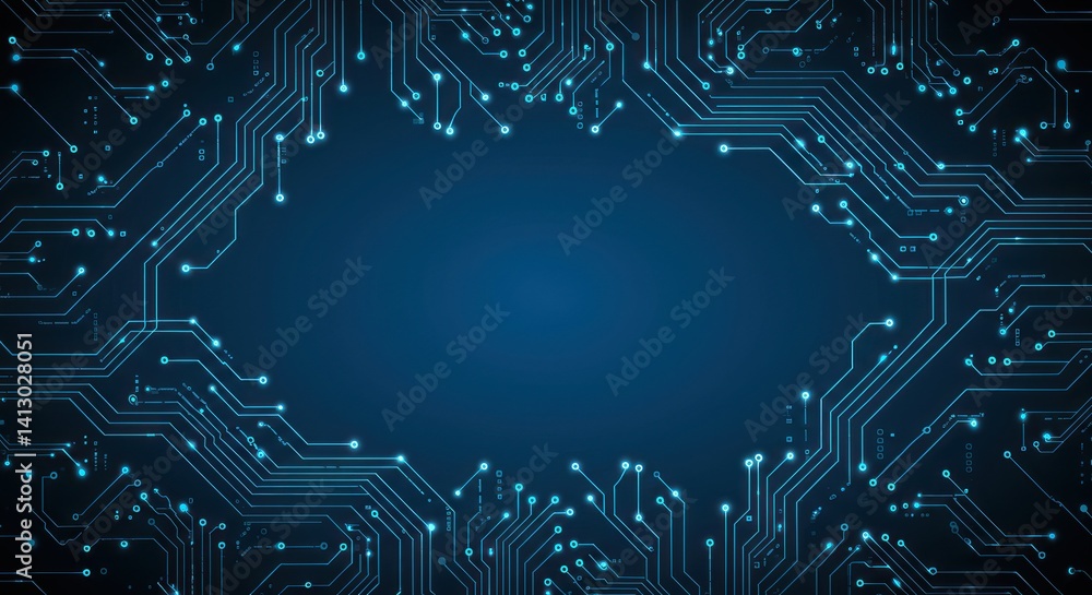 Poster abstract blue background with circuit board pattern and central gradient space.