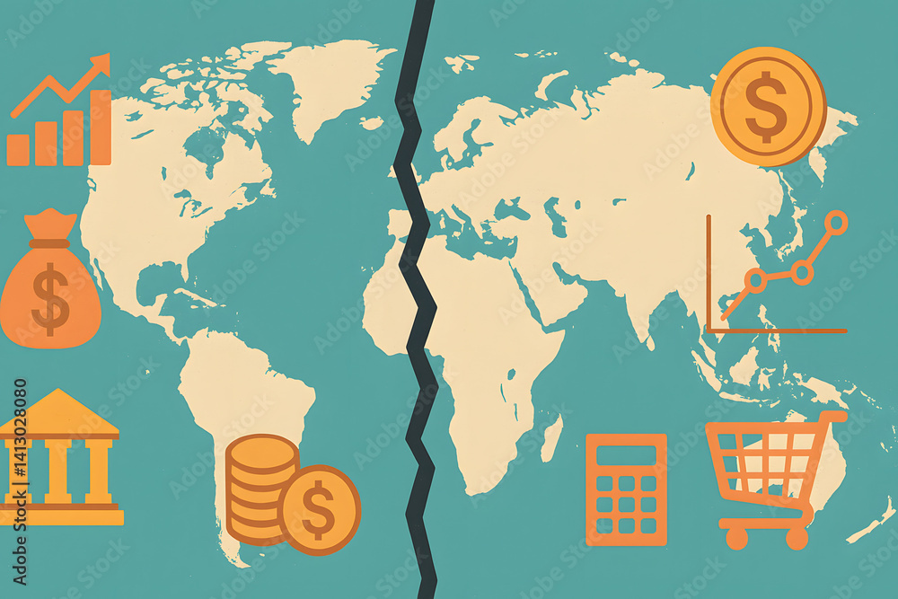 Poster global economic divide: an abstract representation visually portrays a world map fractured, symboliz