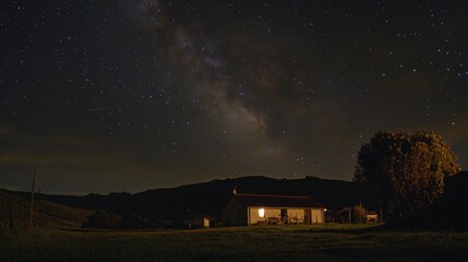 A cozy house radiates warm light against a clear night sky filled with stars. Surrounding mountains create a serene backdrop, enhancing the tranquil atmosphere of this rural location