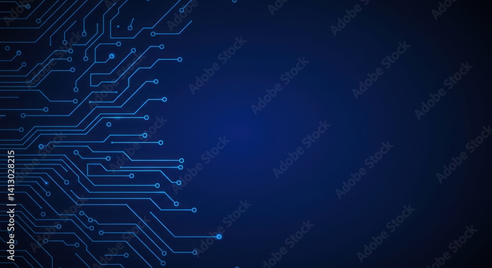 Poster abstract dark blue background with circuit board pattern on the left side.