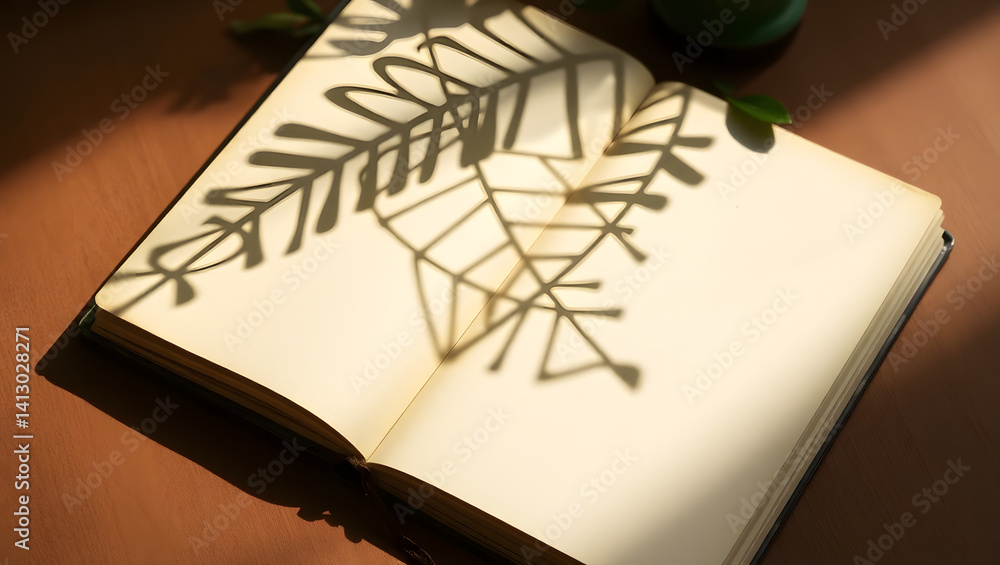 Poster delicate leaf shadow on open book a study in light and shadow