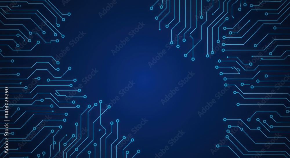 Poster blue circuit board pattern with lines and nodes abstract technology background.