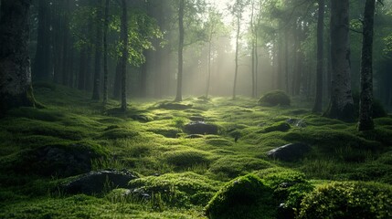 Fototapeta premium Sunbeams in misty forest, moss-covered ground. Nature background for peace, serenity