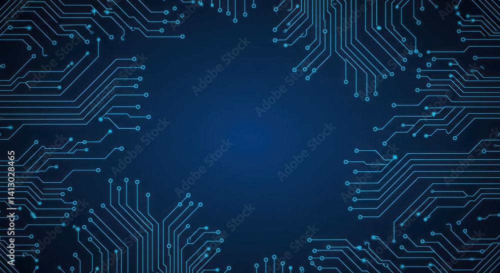Poster abstract blue circuit board pattern with central copy space technology background.