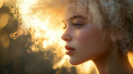 A young woman stands in profile, her curly hair glowing in the soft golden sunlight during sunset. Her expression is serene, capturing a moment of peaceful reflection in nature