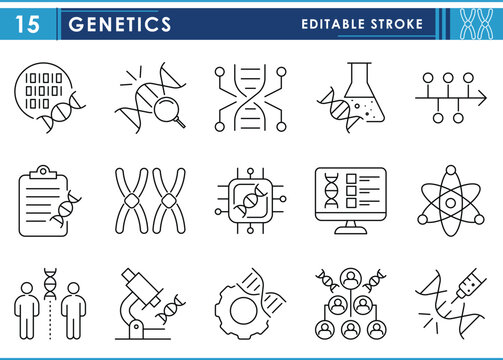 A set of line icons related to Genetics. Genetic, DNA, inheritance, biotechnology, heredity, therapy, cloning, and so on. Vector editable stroke.