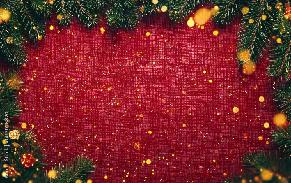 Poster burlap texture red backdrop with bokeh lights and green spruce branches