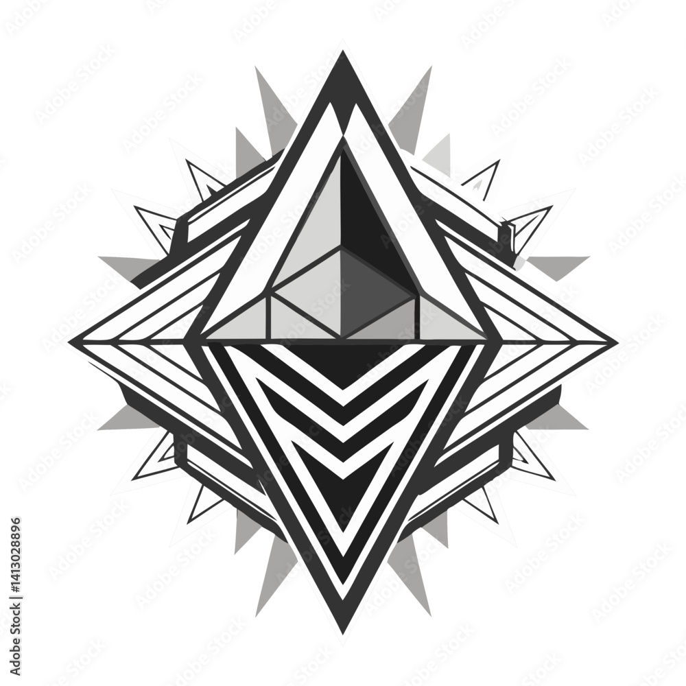 Poster a powerful geometric starburst symbol, radiating energy and strength in a monochrome design with sha