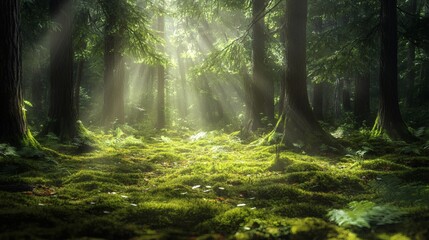 Obraz premium Sunbeams in misty forest; tranquil nature scene, ideal for background
