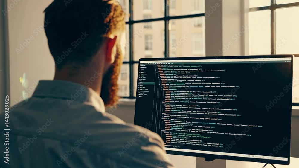 Aufkleber Software engineer with beard carefully creating source code on computer in contemporary office. Concentrating on developing innovative application with professional focus and technological expertise