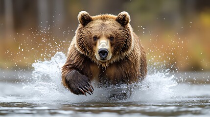 Obraz premium Brown bear charging river, autumn forest background, wildlife