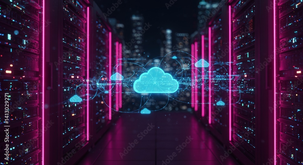 Poster server farm neon glow - data storage, cloud computing, server racks, technology, network connections