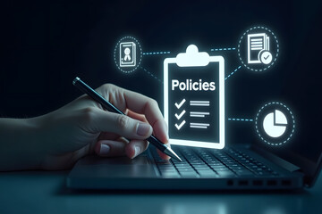 Policy documentation and compliance concept, A person reviews digital document labeled "Policies" with icons, certifications, checklists, and financial detail, regulatory compliance, policy management
