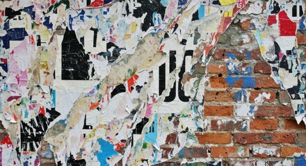 Naklejka premium Weathered Brick Wall Displaying Layers of Torn and Ripped Street Posters