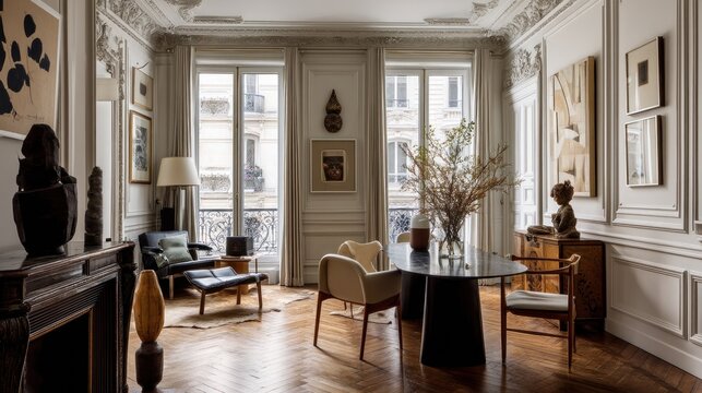 Chic Parisian apartment interior with classic moldings, elegant antiques, and a blend of modern art. 