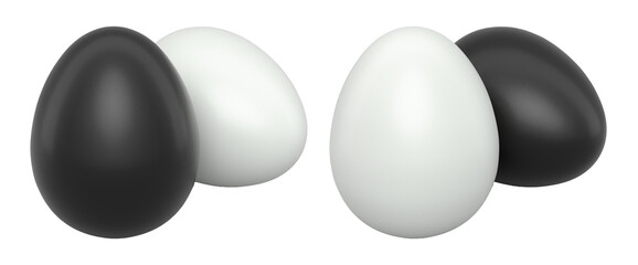 Black and white eggs placed side by side isolated on white transparent background. Concept of egg variety and nutrition