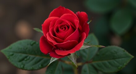 Single Red Rose Blossom - A close-up shot of a single, vibrant red rose with water droplets on its petals and leaves. The background is blurred, focusing attention on the rose