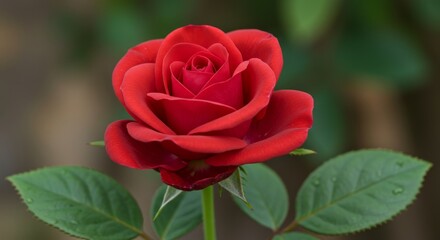 Single Red Rose Bloom - A vibrant red rose in full bloom, showcasing its velvety petals and lush green leaves
