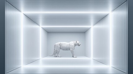 AI-generated 3D sculpture morphing between animal and machine in white gallery, futuristic design perfect for concept art and visual storytelling, copyspace for text - creative