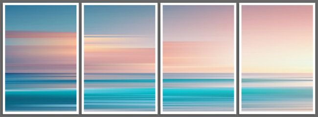 Set of tranquil summer seascape posters in ambient soft blurred minimal style. Gentle waves meet pastel sky in dreamy calming sunset. Perfect for serene interiors and lovers of coastal light and color