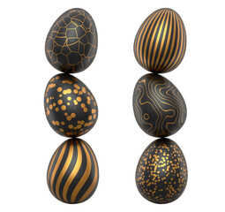 Elegant black eggs with gold patterns, isolated on white transparent background. Concept of luxury, elegance, and opulence