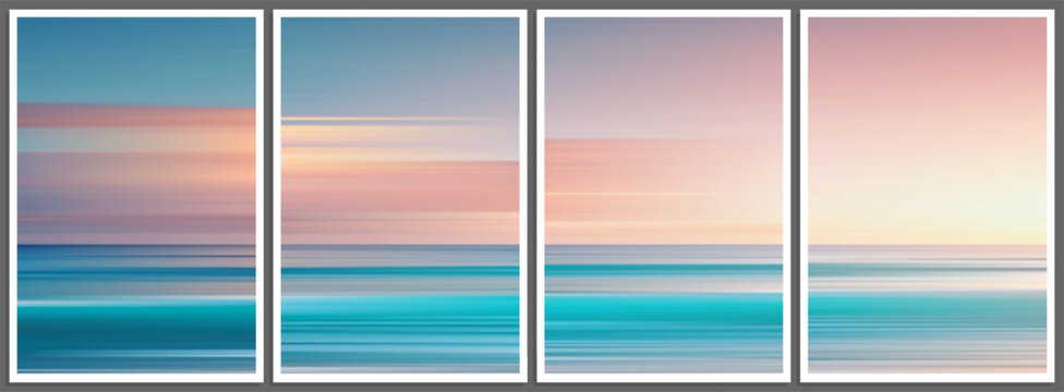 Set of tranquil summer seascape posters in ambient soft blurred minimal style. Gentle waves meet pastel sky in dreamy calming sunset. Perfect for serene interiors and lovers of coastal light and color