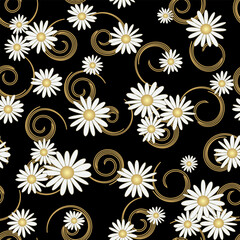Stylized chamomiles seamless pattern, black background. Seamless pattern background. Vector, illustration