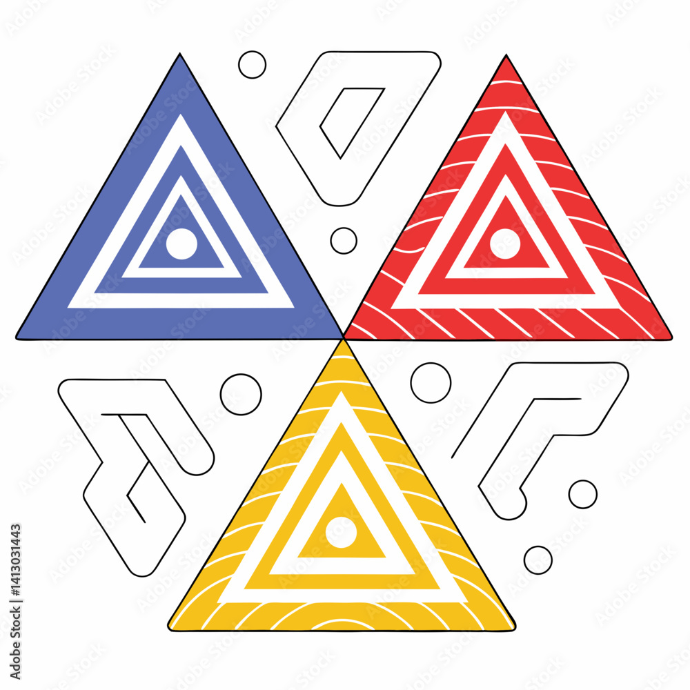 Poster a vibrant tapestry of nested triangles, radiating energy and playful geometry with bold colors and s