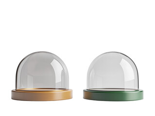 Glass domes, wooden bases, transparent globes, miniature display cases, decorative bell jars, clear hemispheres, green and brown pedestals, PNG file isolated on transparent background
