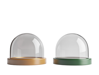 Glass domes, wooden bases, transparent globes, miniature display cases, decorative bell jars, clear hemispheres, green and brown pedestals, PNG file isolated on transparent background
