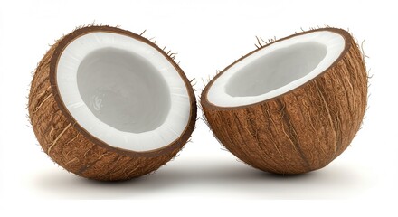 Two coconut halves displaying their white flesh on a white background