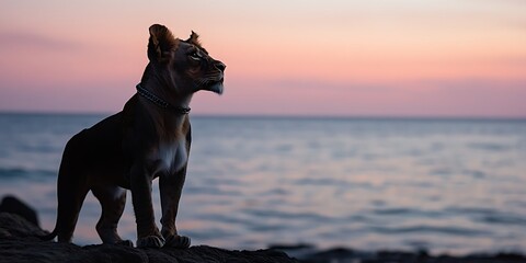 Captivating Lioness Portrait at Sunset on Rocky Shoreline Silhouette Overlooking the Sea Serenity