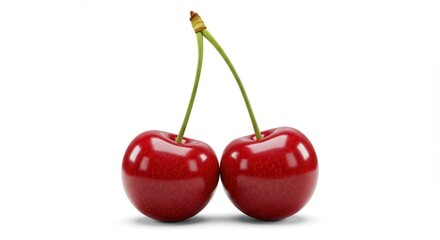 Two ripe red cherries with green stems on a white background