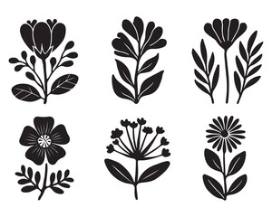 Black Silhouette Collection of Flowers, Leaves, and Plants on White Background

