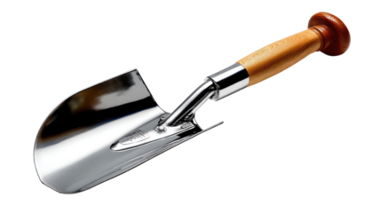 Gardening Hand Trowel: A close-up of a classic gardening trowel, featuring a shiny stainless steel blade, ergonomic wooden handle and a rounded edge for digging and transplanting.