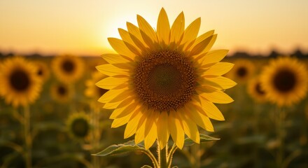 Obraz premium Sunflower Sunset Field - A single sunflower basks in the warm glow of a setting sun, symbolizing hope, growth, happiness, nature's beauty, and summer's warmth
