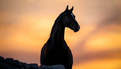 Equine Silhouette Against a Sunset Sky Majestic Horse Contemplation in the Twilight Serenity