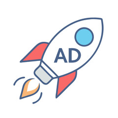 Rocket with Ad Icon Representing Marketing Campaign Launch