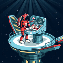 Astronaut operating control panel on a futuristic space platform in deep space. Vector retro comics style.
