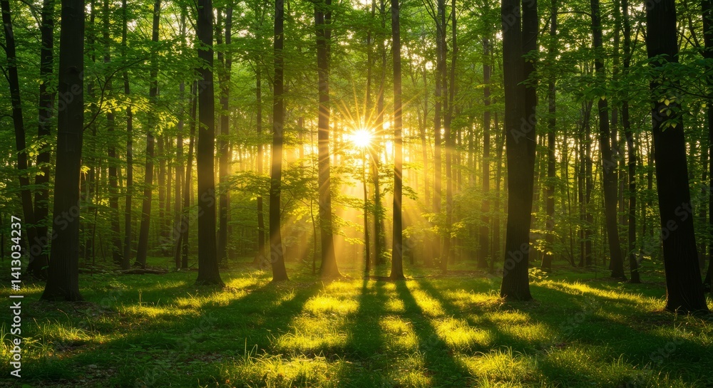 Poster sunlit forest path - golden sunlight streams through the trees in a lush green forest, creating a ma