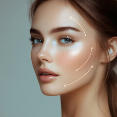 Beautiful woman showing facial lifting effect with arrows on skin