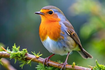European robin perched on a branch with green leaves in a blurry background close up view nature scene